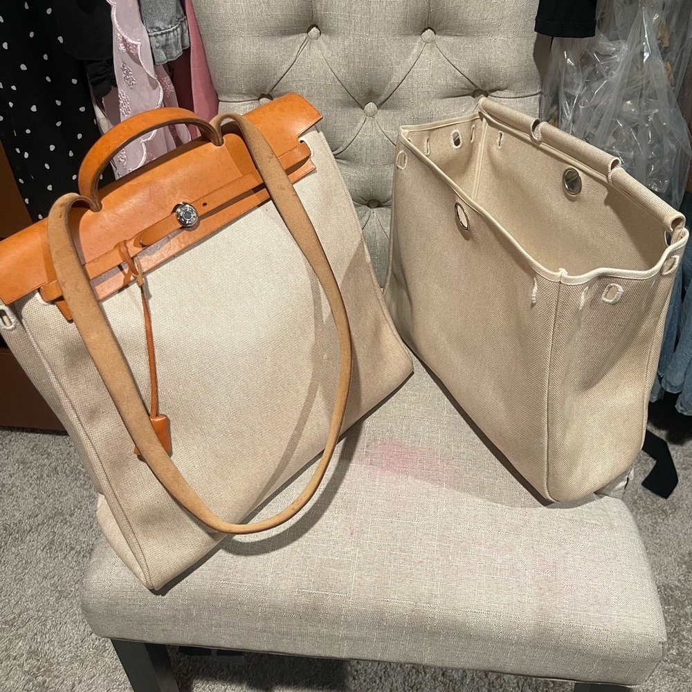 Authentic Hermès 39 Herbag Beige Toile Canvas 2 in 1 bag